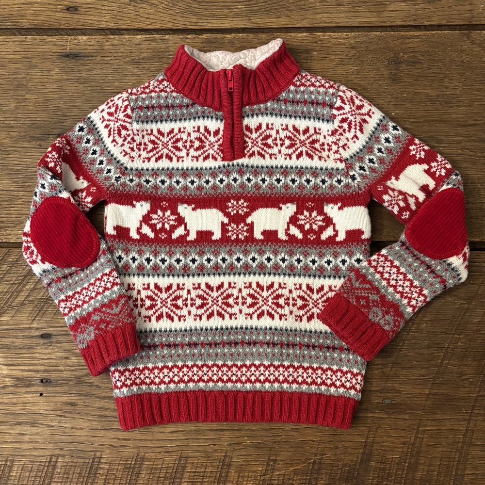 Aspen Kids Warm Read‎ White and Gray Christmas Sweater with Bears Fleece Lined
